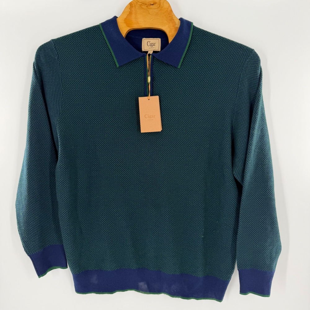 Cigar Couture Mens Textured Knit Quarter Zip Polo Sweater Teal Navy Blue XL